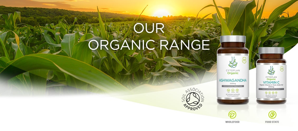 Header image of organic plants growing in a field with overlay of two bottles of organic supplements 