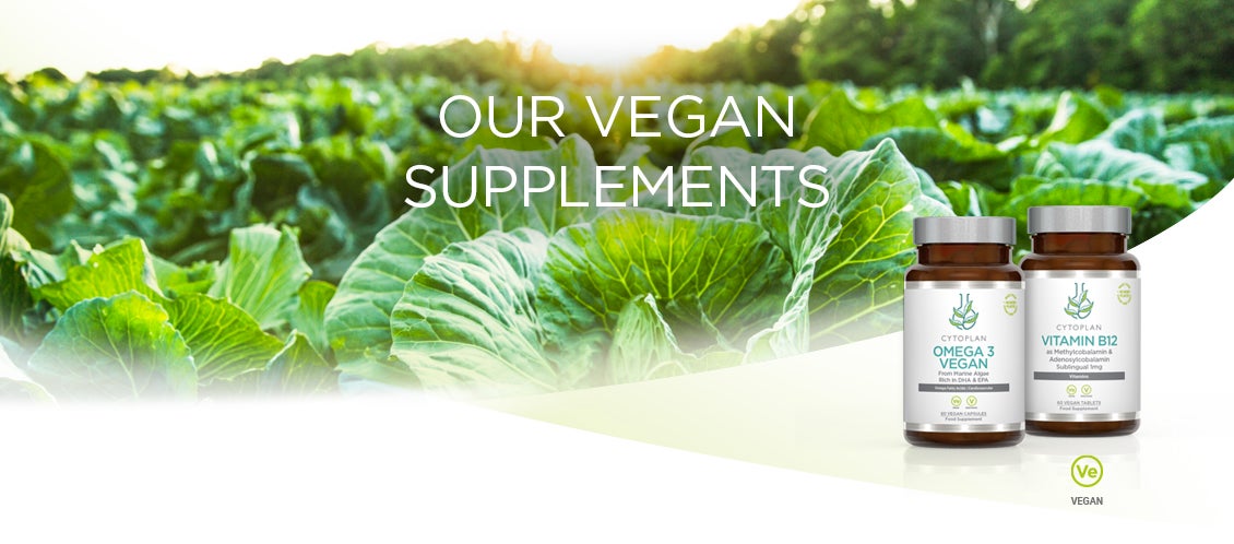 Header image of cabbages with overlay of two vegan supplements