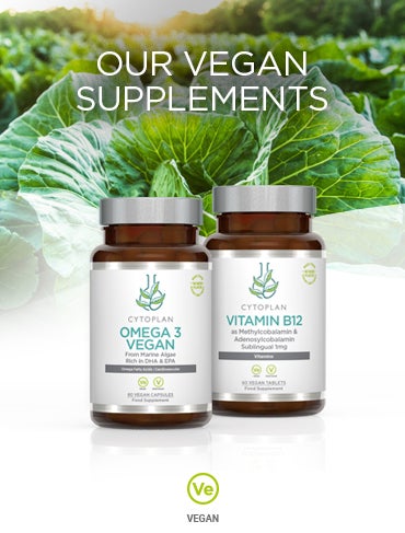 Header image of cabbages with overlay of two vegan supplements